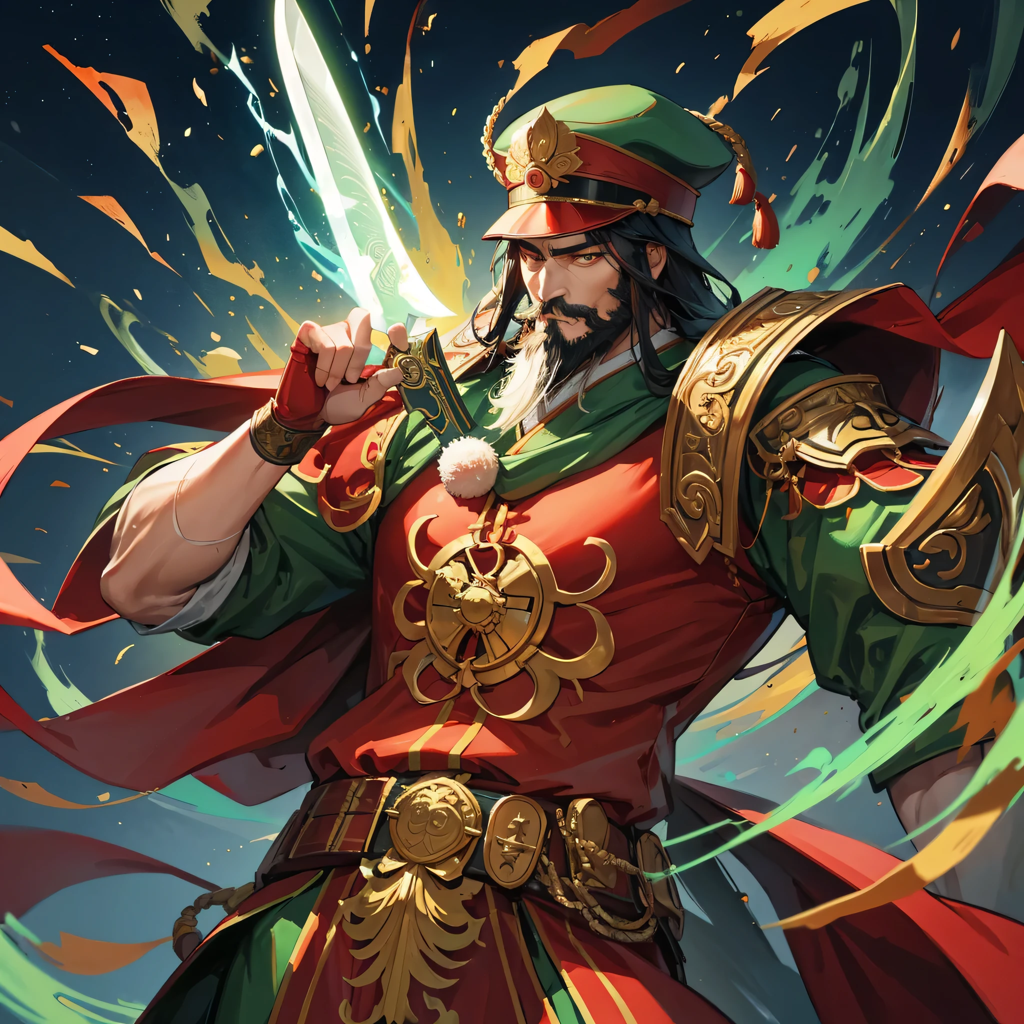 divinity invincible general,china,guan yu,divinity,myth,Powerful,male,Bearded,Red skin,Light in the eyes,Thunder,Green clothes,muscle,Holding a big knife,myth,Gods