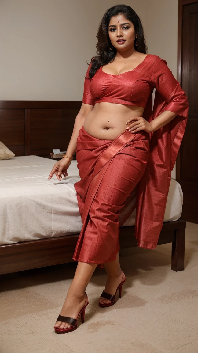 55 yo fat chubby malayalam actress sreeya ramesh, wearing kerala set saree, red lipstick, high heel shoes, showing cleavages, at bedroom