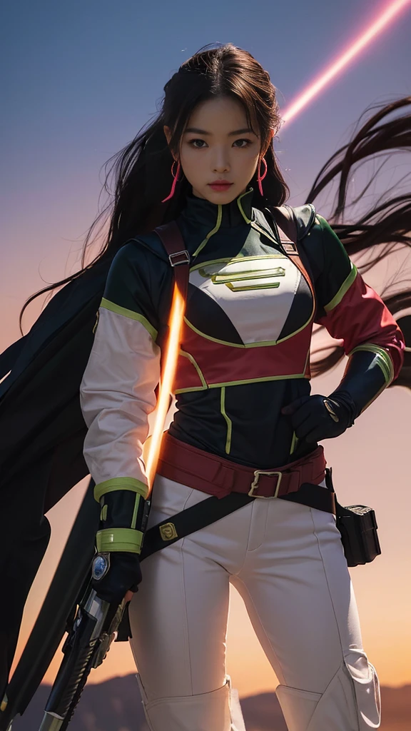 A Stirring, High-Quality Masterpiece of a member of a Ranger Team. The ranger is adorned in vibrant colors: rosa, red blazing in the foreground, violet, green, yellow, black blue, and white. Her dynamic poses exude energy and courage against a background that pulsates with neon, fire, plasma, and fluorescent hues, embodying the essence of the classic Sentai superhero team. The ranger's outfit is sophisticated and modern, with intricate details that reflect her individual theme. She stands ready for action, weapons in hand, under the hues of a breathtaking sunset, bathed in cin