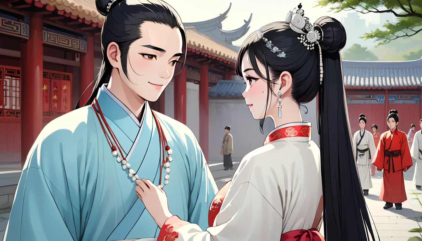 A young Chinese woman named A，Melon seed face，蒼White skin，black eyes，arched eyebrows，Long black hair tied into a bun，Wearing white traditional Chinese clothing，white crown tiara，white earrings，White necklace and bracelet，Looking at a young Chinese man named John，round face，White skin，black eyes，Long hair in a bun，Wearing a light blue traditional Chinese Confucian robe，Take a walk together，smiling at each other。