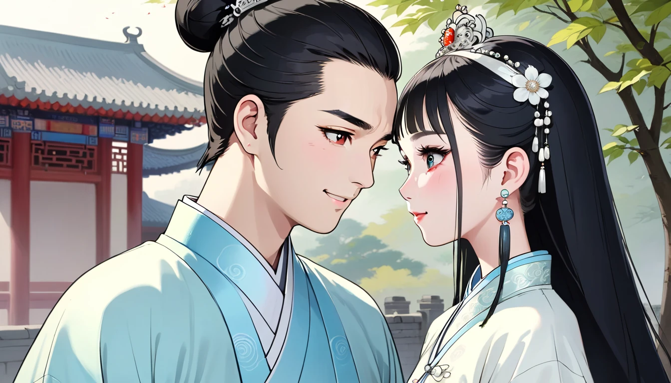 A young Chinese woman named A,Melon seed face,蒼White skin,black eyes,arched eyebrows,Long black hair tied into a bun,Wearing white traditional Chinese clothing,white crown tiara,white earrings,White necklace and bracelet,Looking at a young Chinese man named John,round face,White skin,black eyes,Long hair in a bun,Wearing a light blue traditional Chinese Confucian robe,Take a walk together,smiling at each other。