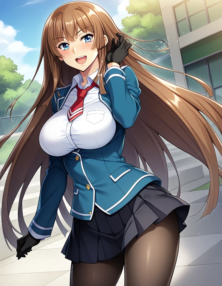 score_9, score_8_up, score_7_up, score_6_up, best quality, source_anime, game cg, beautiful eyes, aoi nagisa, BREAK solo, 1girl, koukawa asuka, brown hair, long hair, blue eyes, bangs, (huge breasts:0.8), medium body, BREAK (blue_school_jacket:1.1), breasts, tight clothes, black gloves, collared white blouse, red tie, black skirt, knee length pleated skirt, black pantyhose, shiny skin, BREAK smile, blush, open mouth, standing, outside, street,