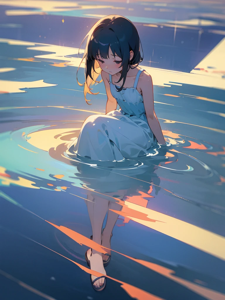 anime illustration of girl, empathetic, introspective, simple sundress and sandals, dream journa, sits in a quiet, contemplative pose, holding her dream journal, background should be a surreal representation of her inner world, with floating imagery and abstract shapes that suggest the subconscious mind, overall feel should be introspective and moody, with a sense of mystery and wonder lurking just below the surface. Ayumi should have a soft, dreamy expression, as if she is lost in thought and far away from the world around her