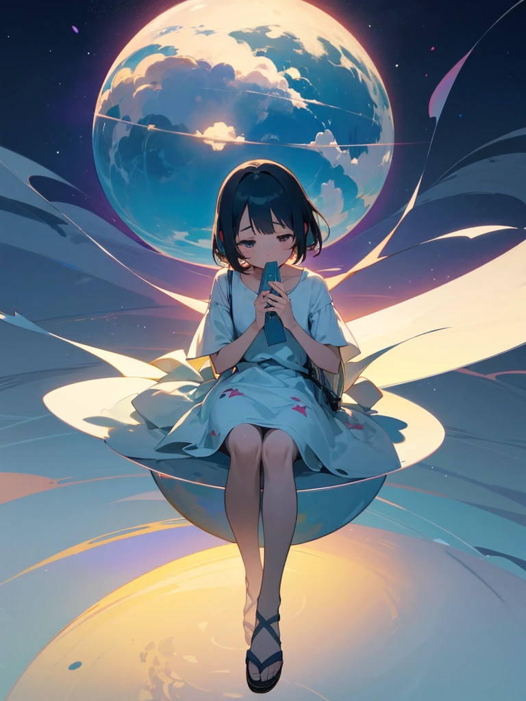anime illustration of girl, empathetic, introspective, simple sundress and sandals, dream journa, sits in a quiet, contemplative pose, holding her dream journal, background should be a surreal representation of her inner world, with floating imagery and abstract shapes that suggest the subconscious mind, overall feel should be introspective and moody, with a sense of mystery and wonder lurking just below the surface. Ayumi should have a soft, dreamy expression, as if she is lost in thought and far away from the world around her