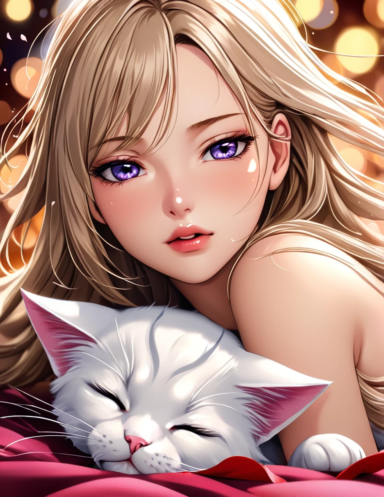 (Harem Manga style:1.2) , Hallucination, daydream , nightmare , Insane Dream , bokeh , erotica , romance , girl and realistic cat , Petals fluttering down , (Single eyelids, round nose, swollen cheeks) , glossy lips , Collarbone , Hair blowing in the wind , Goddess of lust , lying down , (hide private parts by cats:1.3) , (close up cat:1.1)
