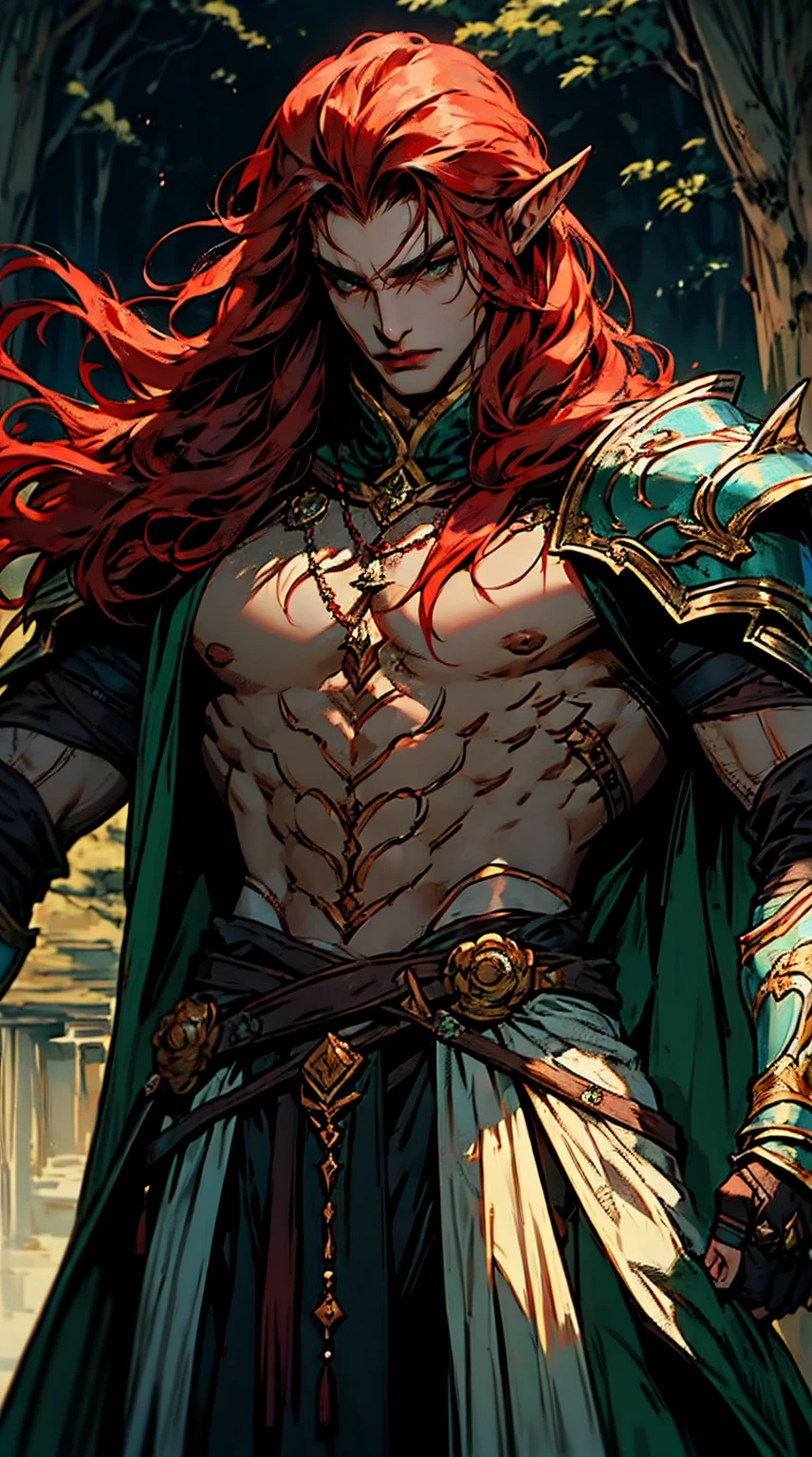 work of art, best qualityer, 1 men, -up, male focus, standing alone, red hair, long hair, vibrant green eyes, dark skin, dark elf, heavy armor, male, cloak, darkskin, war cry, Fantasy aesthetic, highy detailed, shadowverse style, elf ear, elf knight armor. Holding Chinese halberd, going, writing, lying down, standing, on your back, fighting, dynamic poses. Get ready to dive into a world where beauty and craftsmanship merge perfectly