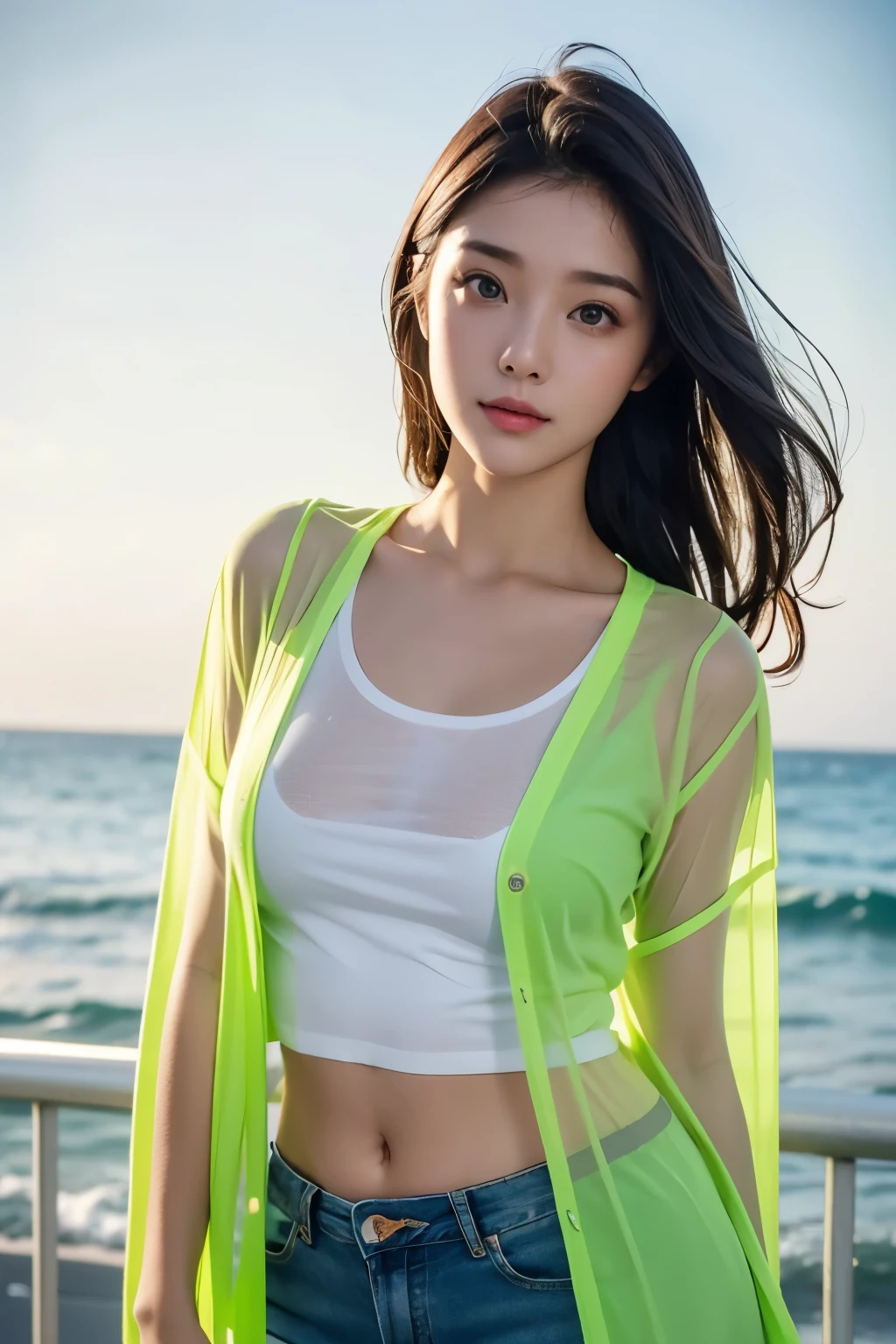 Beautiful woman on a beautiful sea background, Fluorescent yellow see-through cardigan, 