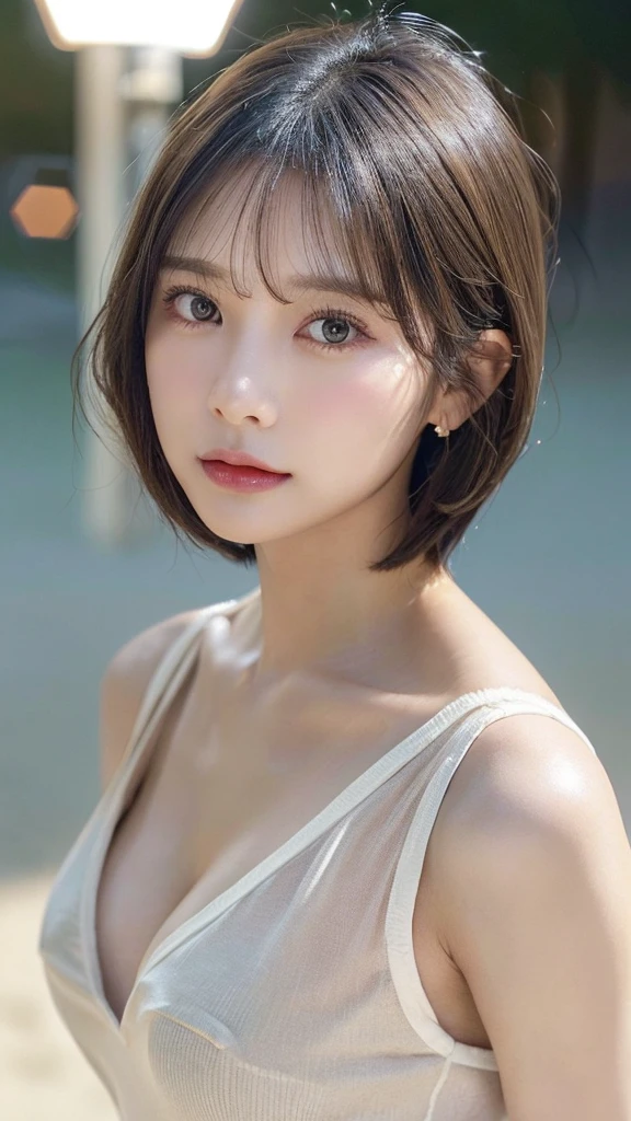 Woman standing upright facing the camera、Emphasize the cleavage、lightly dressed、exposed、thin white shirt、(highest quality,masterpiece:1.3,超A high resolution,),(super detailed,caustics),(Photoreal:1.4,RAW shooting,)ultra-realistic capture,very detailed,High definition 16K for human skin、 Natural skin texture、、Skin looks even-toned and healthy、 Use natural light and color,one woman,Japanese,,cute,Grey-haired,((Very short hair)),(Depth of the bounds written、chromatic aberration、、wide range of lighting、natural shading、)、(outdoor lights at sandy beach:1.4)、(hair swaying in the wind:1)、((Very Short Hair))、hair ornaments、Put on your ears、casual hair、((Front-facing shot))、Front view、Expressionless、((Random Silk Camisole
))、((Background 30%Blur)),Beast,『Bronze eyeshadow, bronzer, peach lip gloss, highlighter, mascara, light foundation』、(((Front view))),(((Full-body frontal photography))),((Portrait Photography)),(((Random Pause))),((Free Pose)),((model style pose))