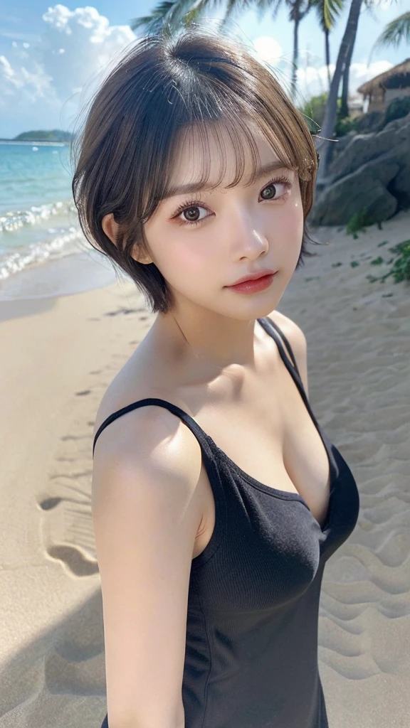 Woman standing upright facing the camera、Emphasize the cleavage、lightly dressed、、thin white shirt、(highest quality,masterpiece:1.3,超A high resolution,),(super detailed,caustics),(Photoreal:1.4,RAW shooting,)ultra-realistic capture,very detailed,High definition 16K for human skin、 Natural skin texture、、Skin looks even-toned and healthy、 Use natural light and color,one woman,Japanese,,cute,Grey-haired,((Very short hair)),(Depth of the bounds written、chromatic aberration、、wide range of lighting、natural shading、)、(outdoor lights at sandy beach:1.4)、(hair swaying in the wind:1)、((Very Short Hair))、hair ornaments、Put on your ears、casual hair、((Front-facing shot))、Front view、Expressionless、((Random Silk Camisole
))、((Background 30%Blur)),Beast,『Bronze eyeshadow, bronzer, peach lip gloss, highlighter, mascara, light foundation』、(((Front view))),(((Full-body frontal photography))),((Portrait Photography)),(((Random Pause))),((Free Pose)),((model style pose))