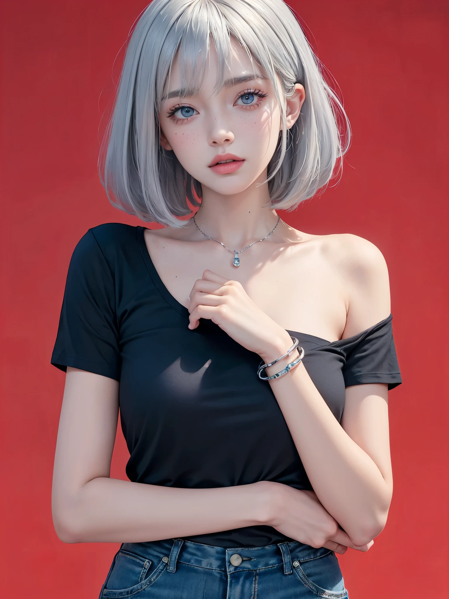 ((masterpiece)), ((best quality)), (ultra-detailed), ((extremely detailed)), 4K, (8K), best quality, a beautiful woman, ((beautiful light gray hair)), shiny hair, ((fluffy bob cut)), light blue eyes, detailed skin, freckled skin, flushed cheeks, 20 years old, , ((Plain black oversized T-shirt, Upper body)), ((solid red background)), like a model、Pose like a model, face tilted, oblique, slender and simple silver accessories, bracelet
necklaces, rings, perfect hands,