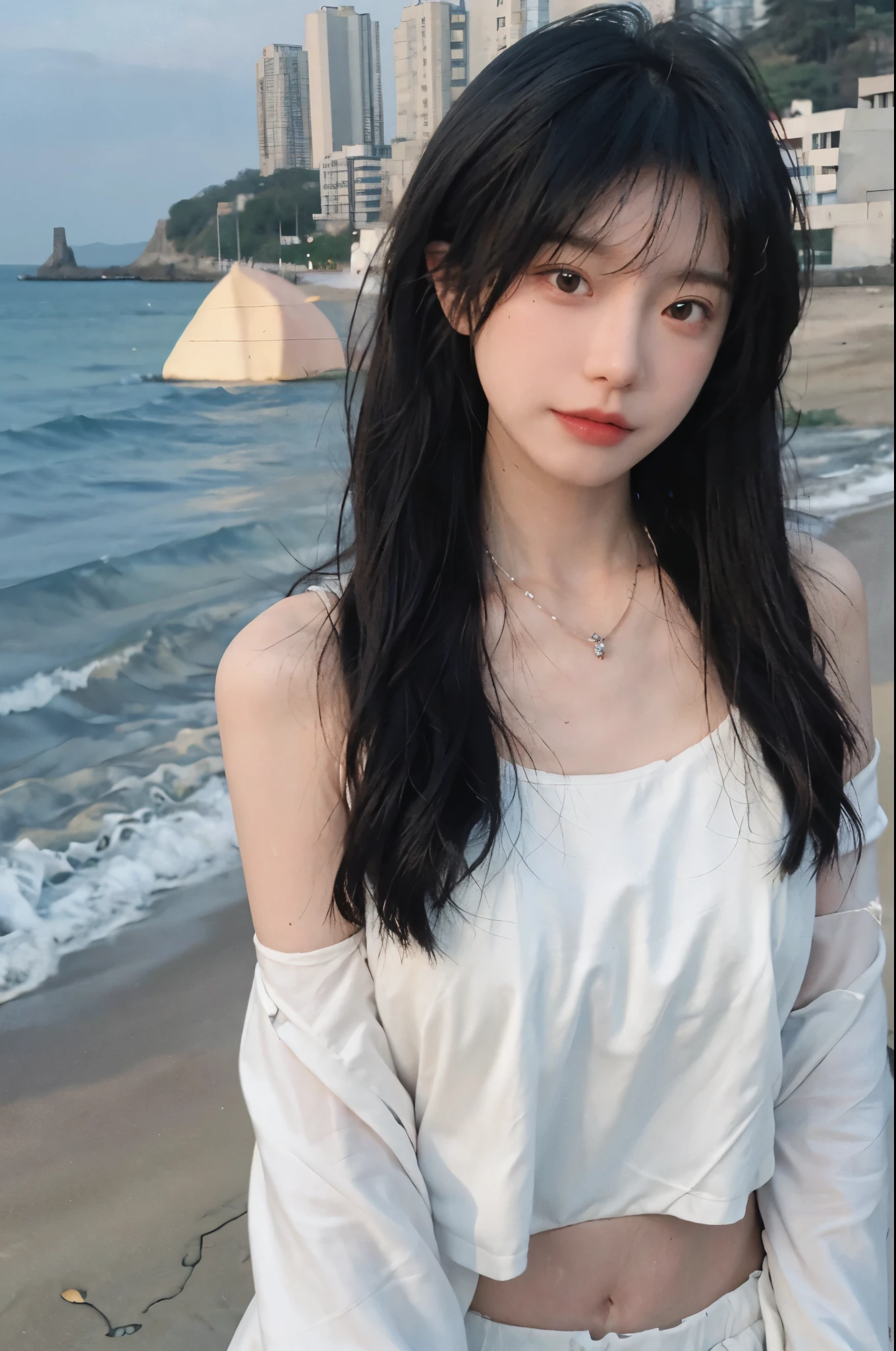 Best quality，Ultra-high resolution，（lifelike：1.4），Cute hairpin，1girll，Long curly hair，jk，Blush，Slim beauty：1.4，Visible abdominal muscles，on the beach，Ultra-fine face，Exquisite eyes，Double eyelids，necklace