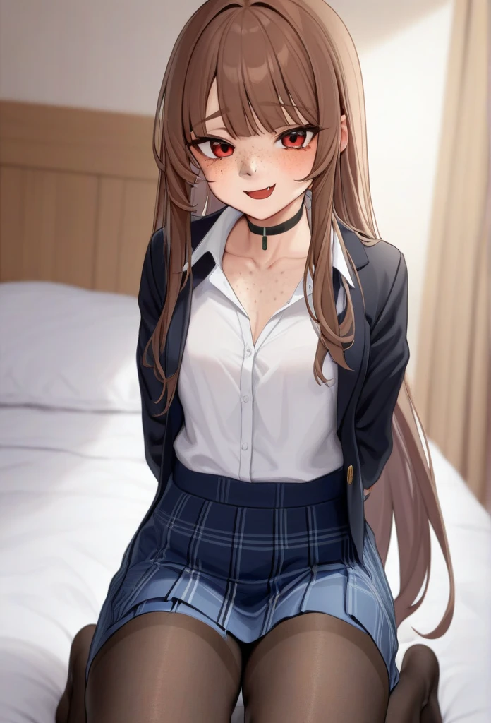 Cute young woman, white shirt, black blazer, blue plaid skirt, black stockings, choker, a little bigger than small breasts, freckles on breasts, long straight brown hair, freckles, fang, Red eyes, happy horny face, slim figure, thin legs, tilted her head, in bedroom, blush.