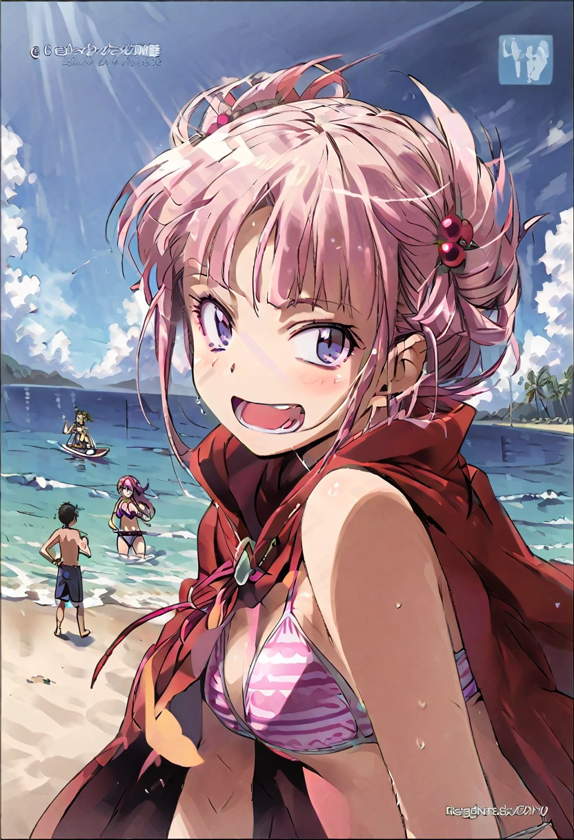sleeve cape, boys and girls, manga style, beachfront, bikinis, having fun at sea,