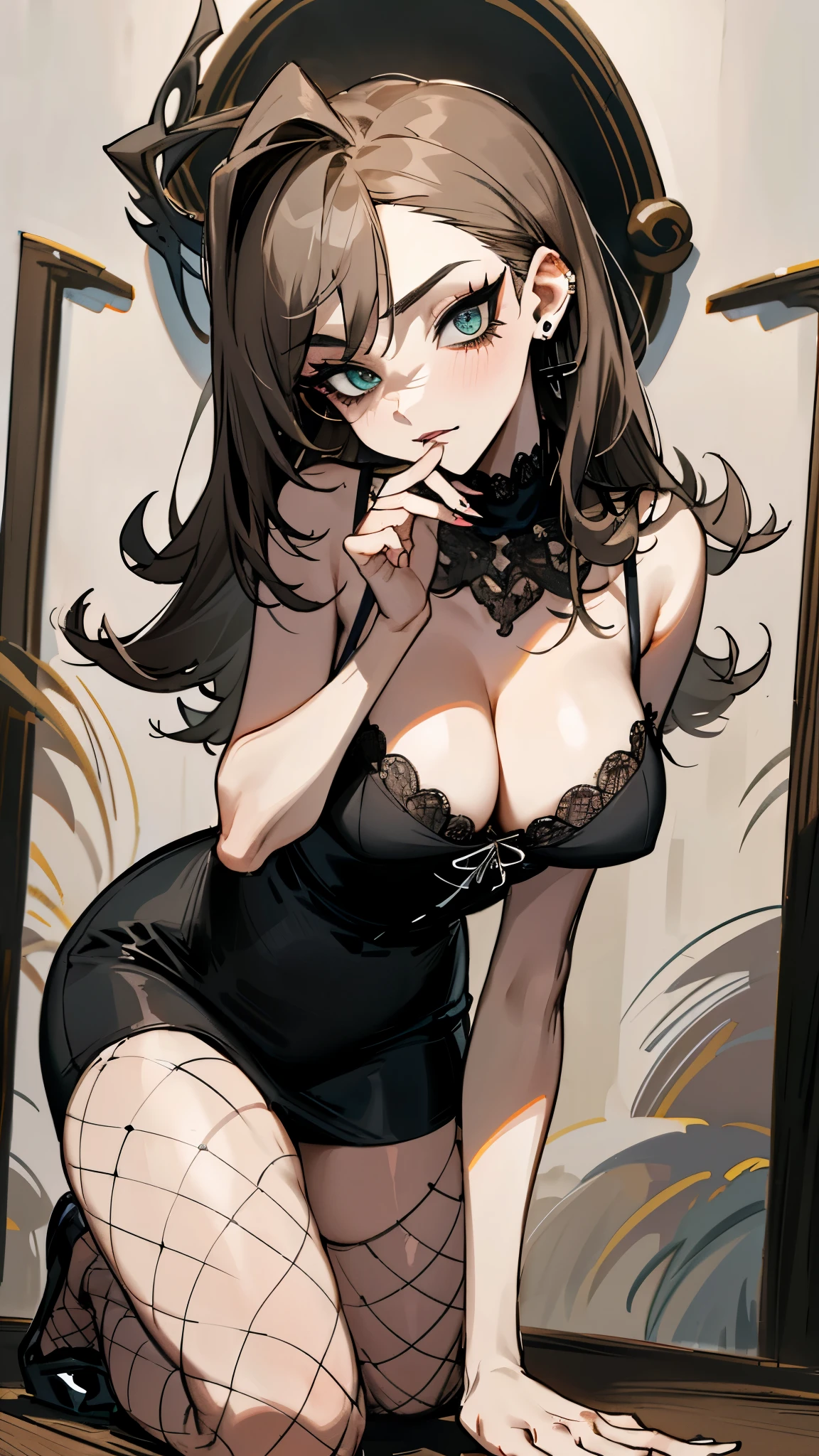 (best quality,masterpiece:1.2,detailed details,4k),((masterpiece)), ((best quality)), (ultra-detailed), anime style,large breast, slim, slender, ashamed, all fours ,Kneeling,Girl with modern gothic makeup, fair skin, long legs, black eyeshadow, camisole, plump figure, earrings and lip studs, fishnet stockings, posing in an attractive pose, lovable expression