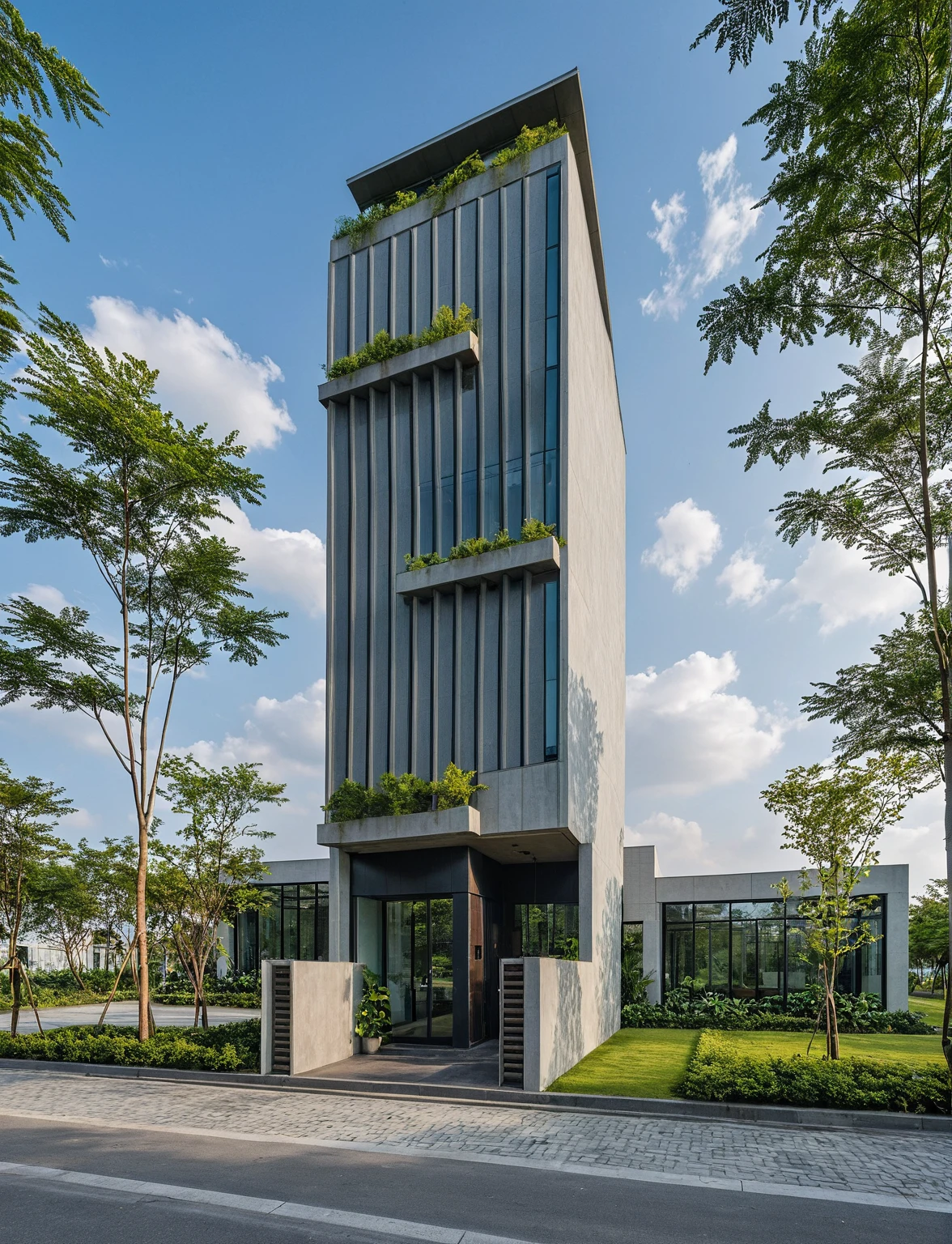 Masterpiece, high quality, best quality, authentic, super detail, outdoors, onestoreyvillaXL, aiaigroup, The office building stands tall with its sleek, modern design, characterized by extensive curtain wall facades that reflect the sky and surrounding cityscape. Large, floor-to-ceiling windows are fitted with stylish sun-shading louvers, ensuring a comfortable and energy-efficient environment inside. The front of the building is adorned with lush greenery, featuring a variety of plants and trees that add a touch of nature to the urban setting. People are walking briskly in front of the building, some engaged in conversation, while others are focused on their destinations. The atmosphere is bustling yet orderly, encapsulating the dynamic and productive spirit of the area. ,road,pavement, grass, trees, sky, cloud, (daylight:1.1)