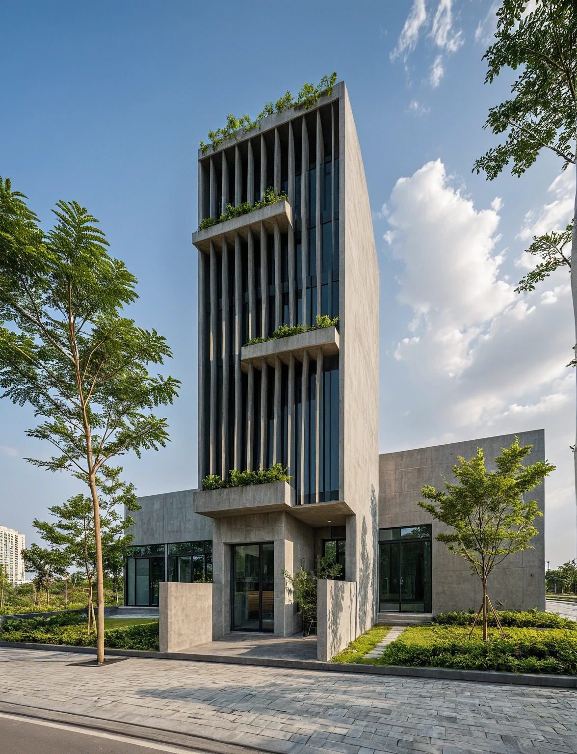Masterpiece, high quality, best quality, authentic, super detail, outdoors, onestoreyvillaXL, aiaigroup, The office building stands tall with its sleek, modern design, characterized by extensive curtain wall facades that reflect the sky and surrounding cityscape. Large, floor-to-ceiling windows are fitted with stylish sun-shading louvers, ensuring a comfortable and energy-efficient environment inside. The front of the building is adorned with lush greenery, featuring a variety of plants and trees that add a touch of nature to the urban setting. People are walking briskly in front of the building, some engaged in conversation, while others are focused on their destinations. The atmosphere is bustling yet orderly, encapsulating the dynamic and productive spirit of the area. ,road,pavement, grass, trees, sky, cloud, (daylight:1.1)
