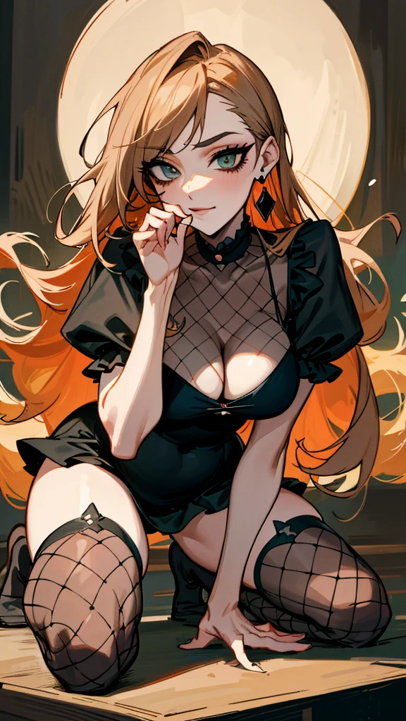 （best quality，masterpiece：1.2，detailed details，4k），((masterpiece)), ((best quality)), (ultra-detailed), anime style,large , slim, slender, ashamed,  ，Kneeling,Girl with modern gothic makeup, fair skin, long legs, black eyeshadow, camisole, plump figure, earrings and lip studs, fishnet stockings, posing in an attractive pose, lovable expression