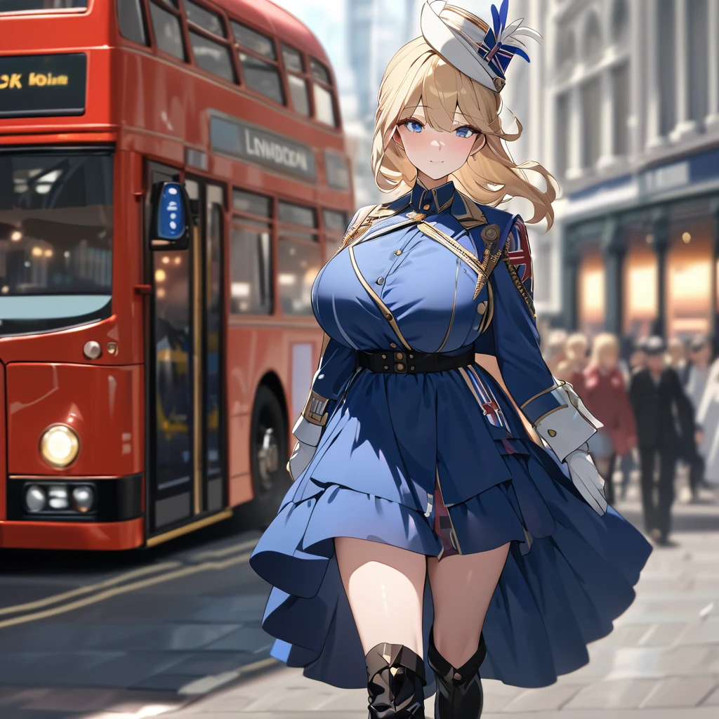 A woman, mature, big breast, wearing a blue dress with UK flag fabric, black boots, blonde hair, white madame hat, walking on the London city promenade, prime location in London, London bus in the background, blurred background, close view, blue eyes, UHD, prime work, accurate, anatomically correct, textured skin, super details, high quality, best quality, 8k, high resolution, bokeh effect . (woman alone)