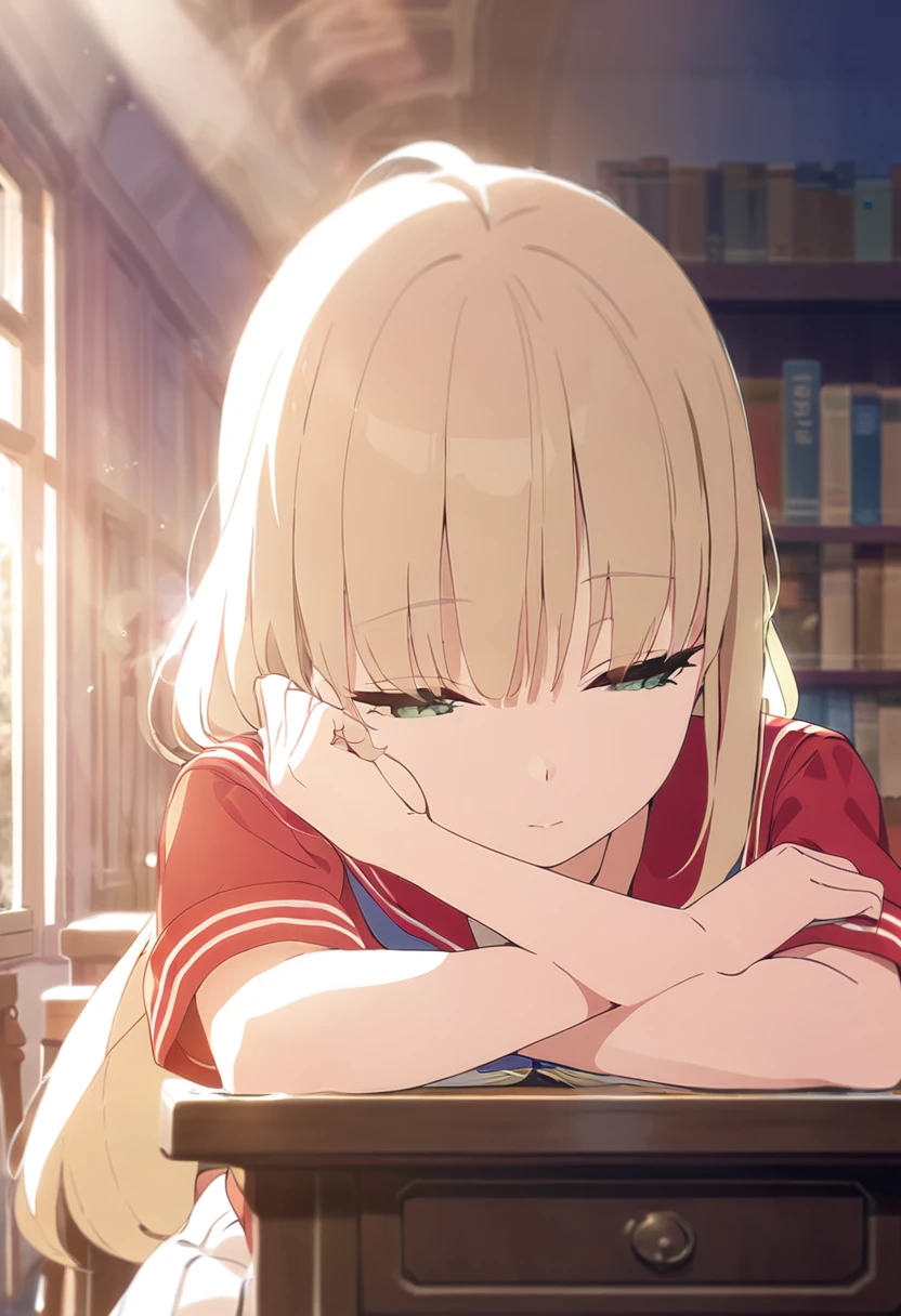 ((masterpiece,best quality, high resolution)), 1 Girl, Solitary, Green Eyes, Long blond hair tied with a blue ribbon, Bangs, sit, Cross your arms on the table, Sleeping with arms folded, Uniforms, White Seraph, Red sailor collar, Short sleeve, White pleated skirt, (In the library), Dramatic lighting, Next to the window, afternoon light through the window, afternoon, Bokeh effect