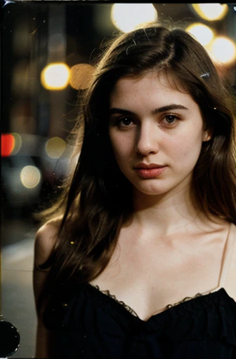 photo polaroid, night photo, 24 year old photo.oh beautiful argentinian woman , pale skin, bokeh, motion blur 