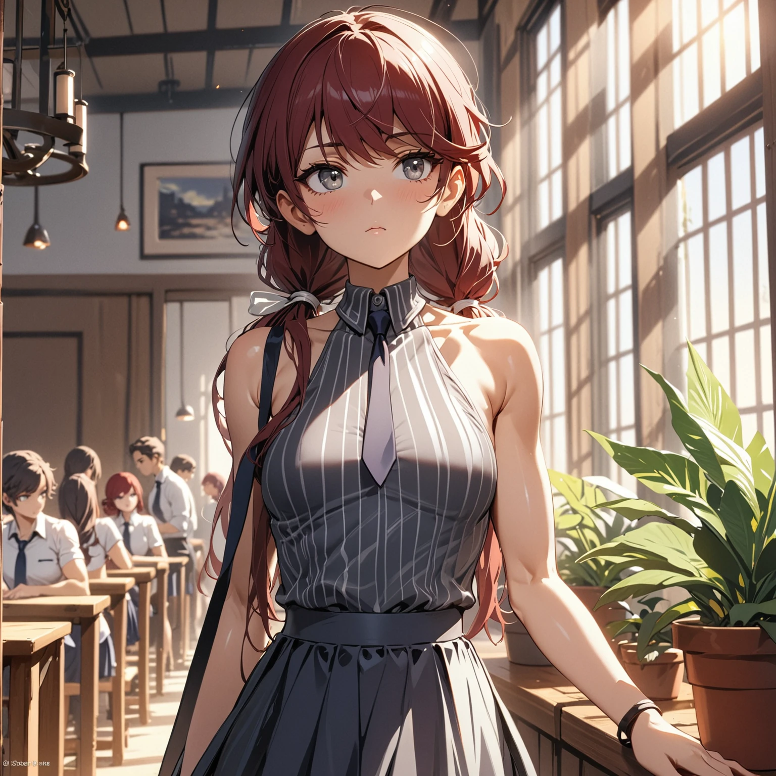 (masterpiece, best quality), 1girl, stoic, looking to the side, beautiful face,   Gray eyes, Dark red hair, swept bangs, low twin tails, white ribbons, sleeveless halter neck white collared shirt, dark blue necktie, dark blue skirt, small breasts, toned arms, dusk, 