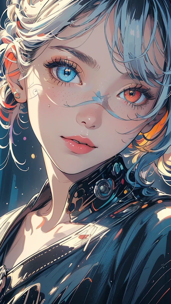 (((masterpiece, highest quality))),(((solo:1.2))),(((1girl:1.2))),32k wallpaper, very detailed,(((((portfolio))))),(((((Close-up))))),(((((bust up))))),((((more various angle)))),(((highlight))),((((heterochromia)))),(((complete. detailed face))),((((Extremely talented)))),((most complicated machine)),((genius mechanic)),((Overall colorfully)),