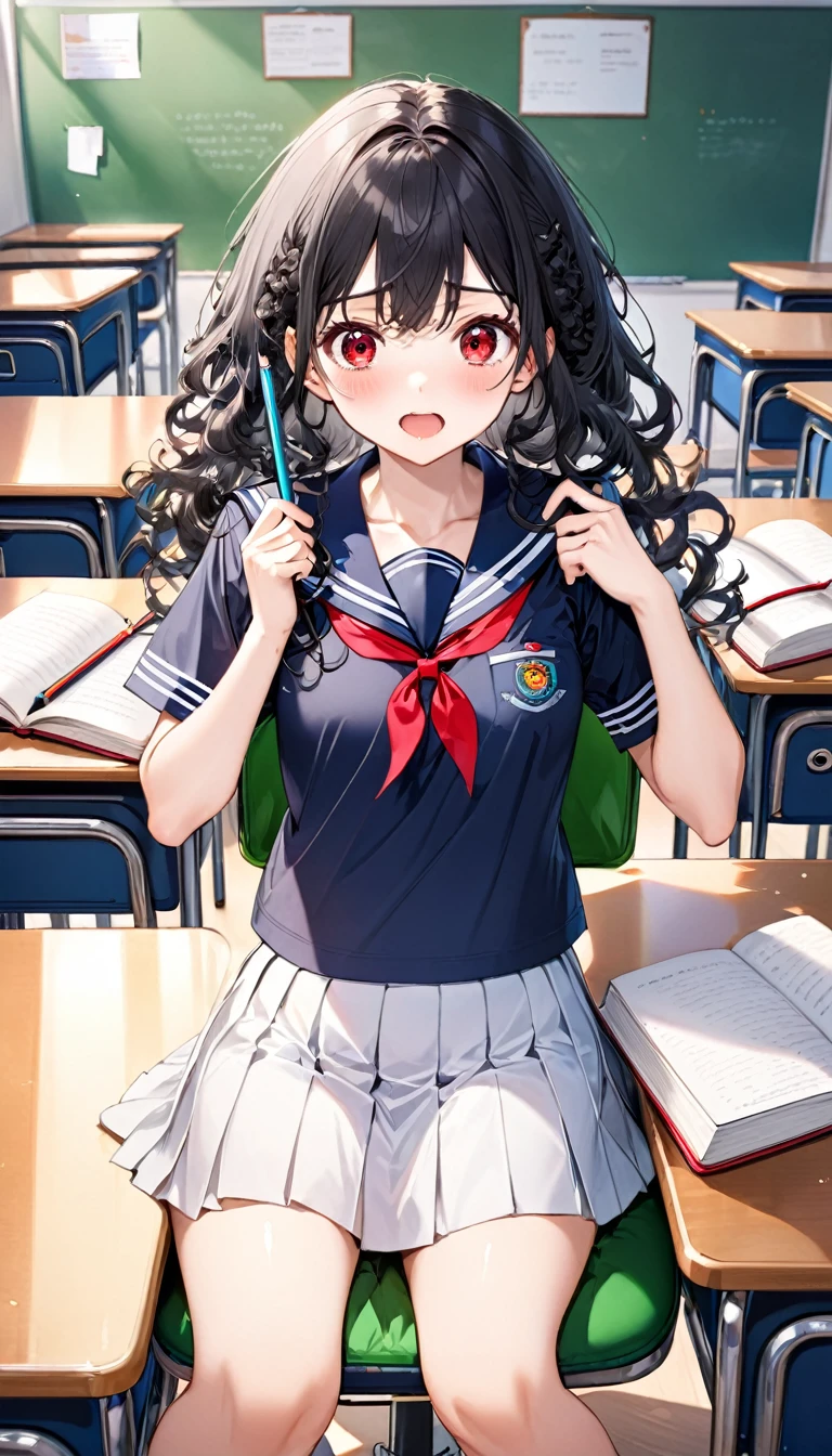 (diligence style) (sit in a wide desk chair, text books on the wide desk), (15 yo, solo:2 curly:1.3 black hair long hair lovely girl, surprised red eyes, surprised face), holding a pen, in a summer school sailor suit, skirt), break, in the school classroom, background a Good friends, BREAK, perfect , masterpiece, best quality, 16k, beautiful detailed grow, daydreaming expression.