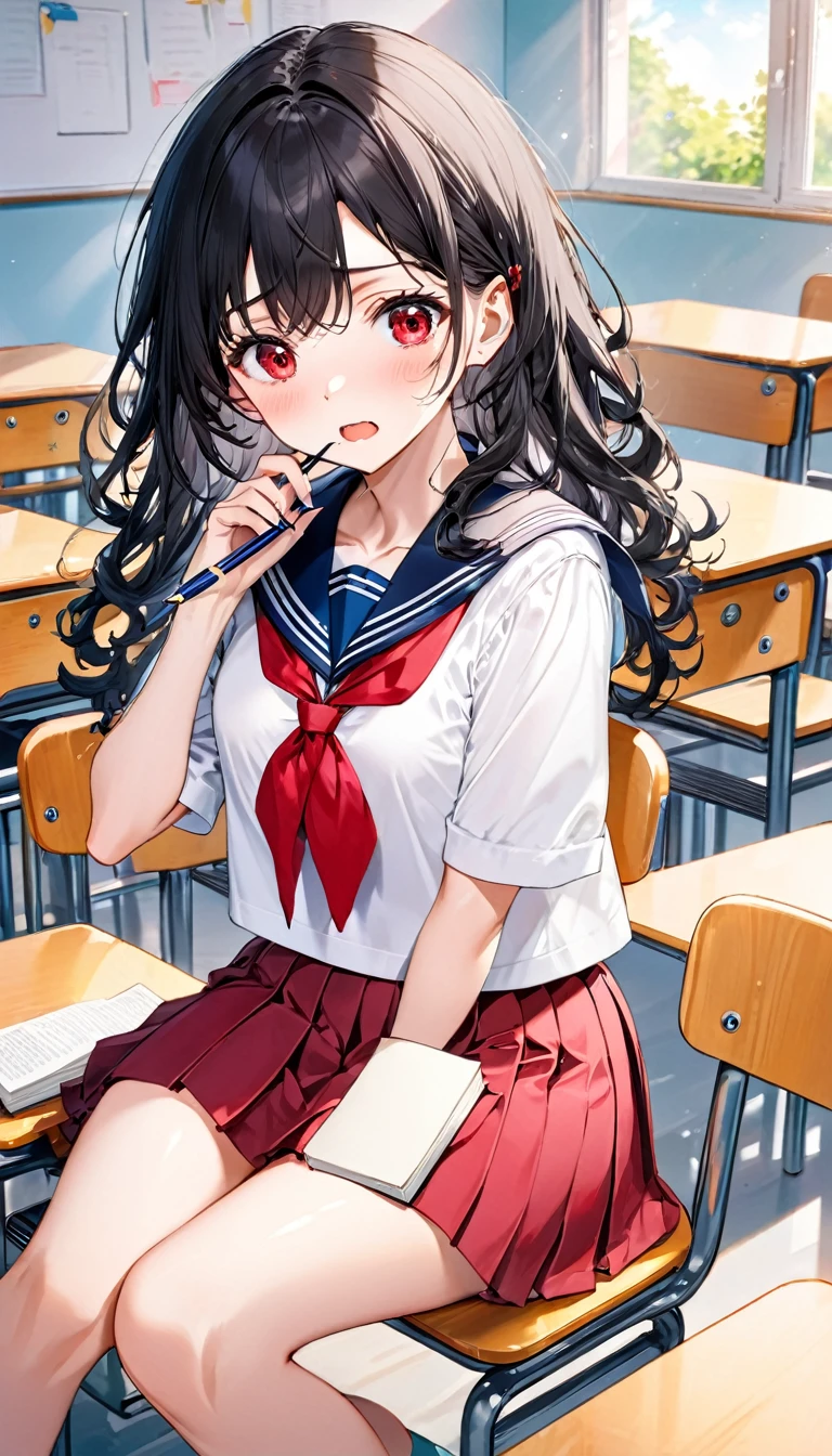 (diligence style) (sit in a wide desk chair, text books on the wide desk), (15 yo, solo:2 curly:1.3 black hair long hair lovely girl, surprised red eyes, surprised face), holding a pen, in a summer school sailor suit, skirt), break, in the school classroom, background a Good friends, BREAK, perfect anatomy, masterpiece, best quality, 16k, beautiful detailed grow, daydreaming expression.