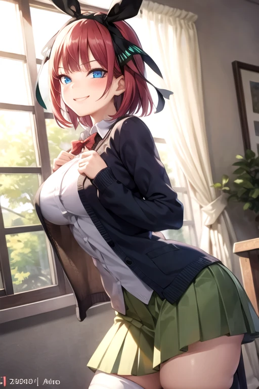 (Masterpiece:1.2), Best Quality, Ultra High Resolution, 8K Unity Wallpaper, (Artwork:1.0), (Beautiful Detailed Eyes:1.6), Extremely Detailed Face, Cinematic Lighting, High Contrast, Clear Color, (Hands perfect, perfect anatomy), (dynamic angle and pose: 1.3), best angle, (1 girl, solo: 1.5), smooth, simple, ROMPER nakano nino, butterfly hair ornament, blue eyes, hair band, big breasts, red hair, blunt bangs, black bow, short hair, thigh highs, two sides up, shirt romper, white shirt, green skirt, pleated skirt, collared shirt, open clothing, white thighs, cardigan, long sleeves, thigh highs , black cardigan, open cardigan, , zettai ryouiki, mini skirt, break smile, happy, smug seductive smile, leaning forward, BREAK
(luxurious mansion:1.4), (interior:1.2), (window:1.3), (curtain:1.2), (From_below:1.4)