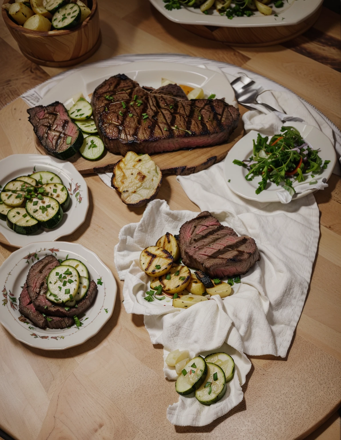 a plating of a steak and grilled vegetables including onion, potato, cucumber on the white good plate, photography, candid shot for instagram