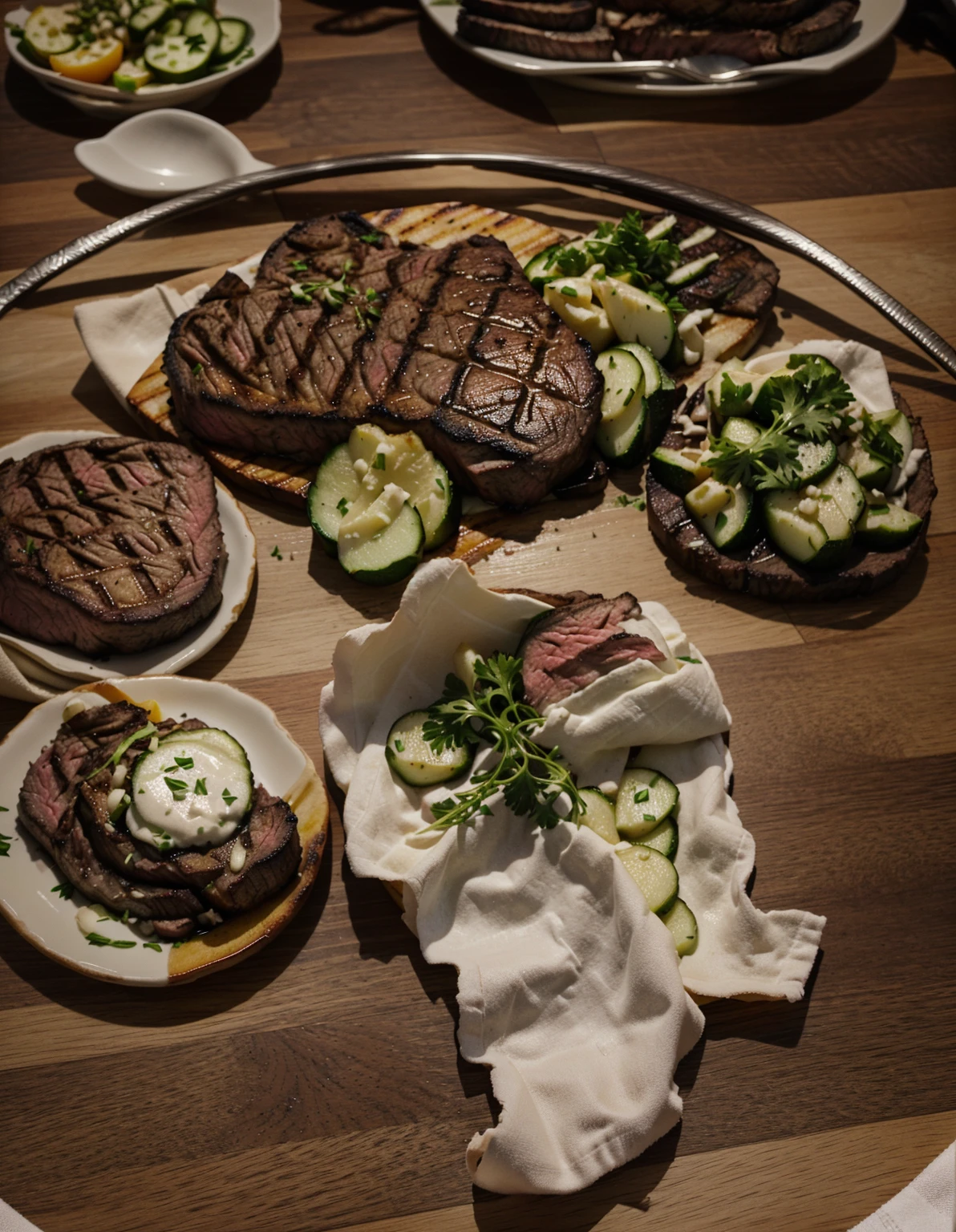 a plating of a steak and grilled vegetables including onion, potato, cucumber on the white good plate, photography, candid shot for instagram