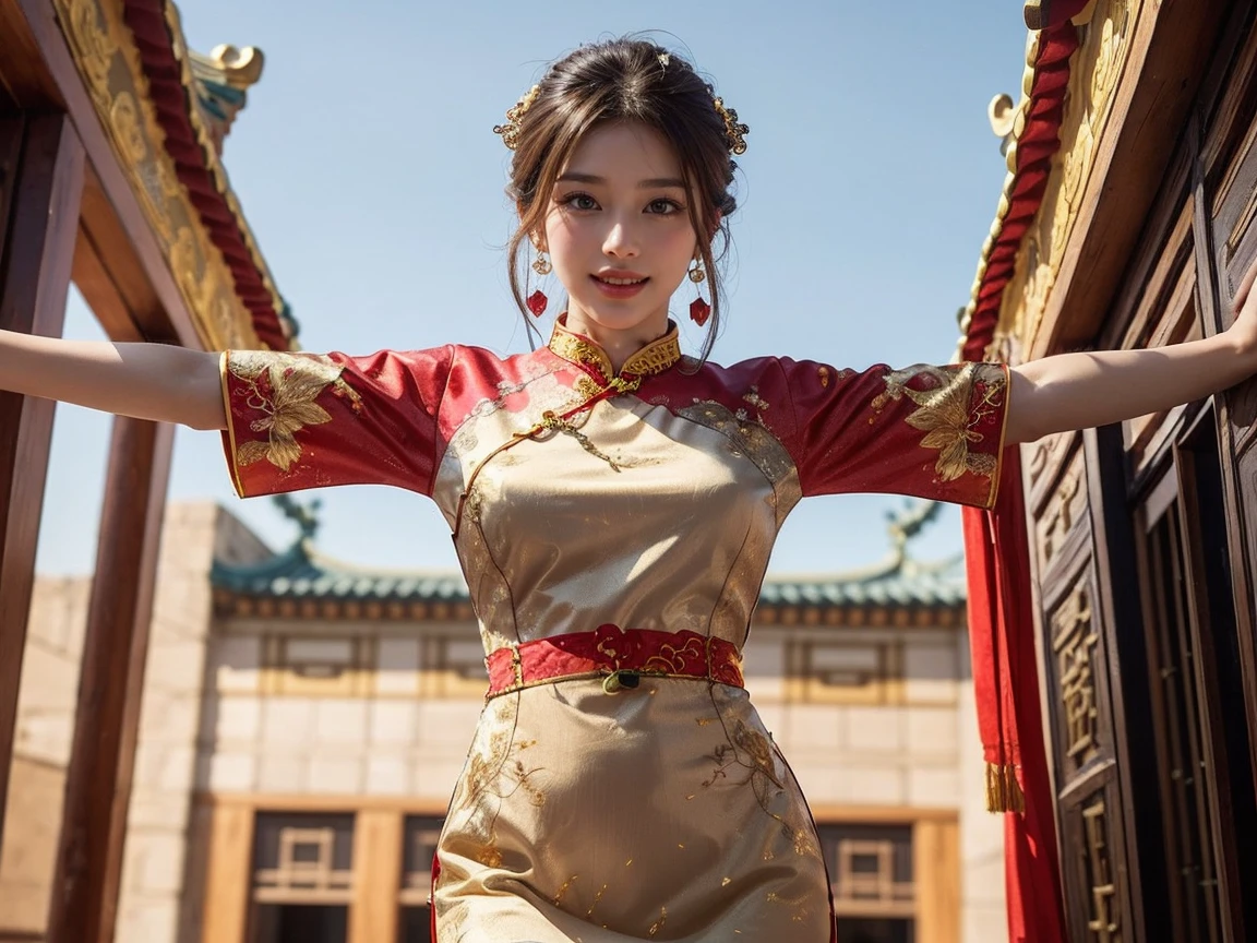 Top-quality Realistic,Official art,Highly detailed CG Unity 8k wallpaper,ultra-detailliert,hight resolution,Physically-based rendering,Magnificat,finely detail,masterpiece,Best Quality,ultra detailed, Face Light,Mature beauty,Beautiful girl,1girl,moist lips,sexy lips,Sexy smile,Gentle smile, 20 years old, Beautiful bare skin,Smooth bare skin,(Beautiful and radiant skin), big well-shaped breasts, beautiful cleavage,beautiful Mature body,swept bangs,(Medium hair:1.3), beautiful detailed eyes,model shoot style,Japanese Idol, Full-body,(Model posing with a historic Ming Dynasty building in the background:1.2),((Red and gold-embellished Cheongsam from the Ming Dynasty:1.5)),BREAK,(Heart shaped necklace),(Triangle ornament earrings),BREAK,looking down,from below,POV from below,gentle smile like a goddess,(spread arms, outstretched arms)