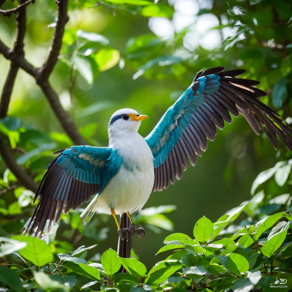 One beautiful bird, high resolution, high quality, master piece, cute photo, 8K, rainbow color, in the forest