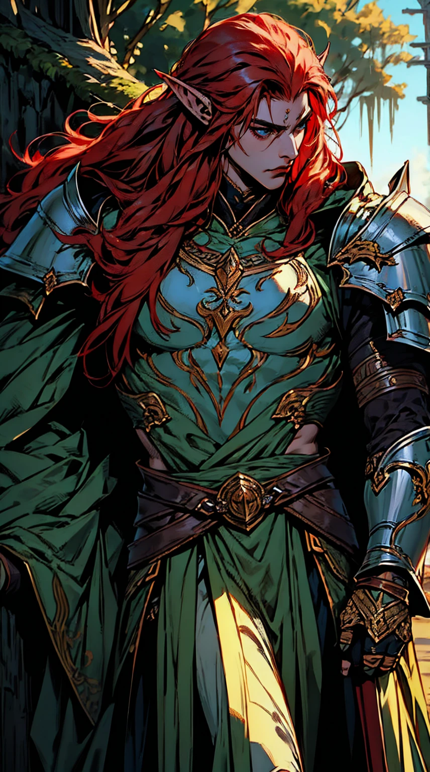 night elf, work of art, best qualityer, 1 men, grown-up, male focus, standing alone, red hair, long hair, vibrant green eyes, dark skin, dark elf, heavy armor, male, cloak, darkskin, war cry, Fantasy aesthetic, highy detailed, shadowverse style, elf ear, elf knight armor. Holding Chinese halberd, going, writing, lying down, standing, on your back, fighting, dynamic poses. Get ready to dive into a world where beauty and craftsmanship merge perfectly