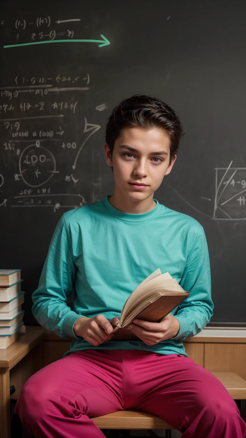 A beautiful young male twink with dark circles under his eyes. He has black hair and a face with make-up. He is wearing a bright pink long-sleeved shirt and aqua blue pants. He is in his office, sitting at a study desk, reading a huge book. Behind him is a blackboard with calculus written on it. Integration and mathematical equations, and radiating neon energy comes out of the blackboard.