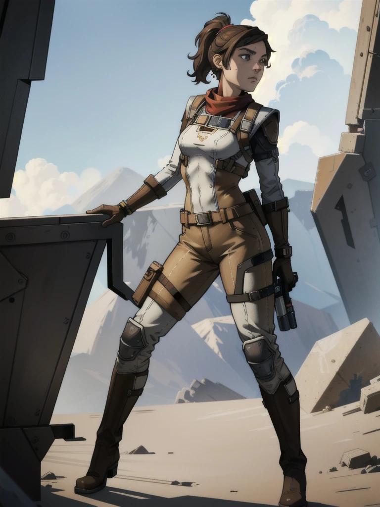 1 girl, 14 years old, brown hair in high ponytail, warm brown eyes, wearing goggles, white skin, slender figure, wearing earpiece, red scarf, white striped blouse, black tactical vest with pockets, long shorts, metal knee pads, sturdy work boots, reinforced gloves with metal studs, leather belt with additional pockets, inspired by Borderlands video game, best quality, 4k, 8k, highres, masterpiece:1.2, ultra-detailed, realistic, photorealistic, photo-realistic:1.37, concept art, sci-fi, vibrant colors, dramatic lighting