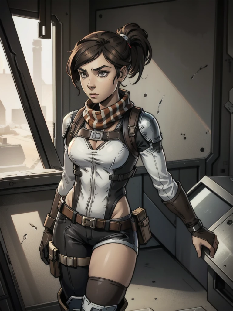 1 girl, , brown hair in high ponytail, warm brown eyes, wearing goggles, white skin, slender figure, wearing earpiece, red scarf, white striped blouse, black tactical vest with pockets, long shorts, metal knee pads, sturdy work boots, reinforced gloves with metal studs, leather belt with additional pockets, inspired by Borderlands video game, best quality, 4k, 8k, highres, masterpiece:1.2, ultra-detailed, realistic, photorealistic, photo-realistic:1.37, concept art, sci-fi, vibrant colors, dramatic lighting