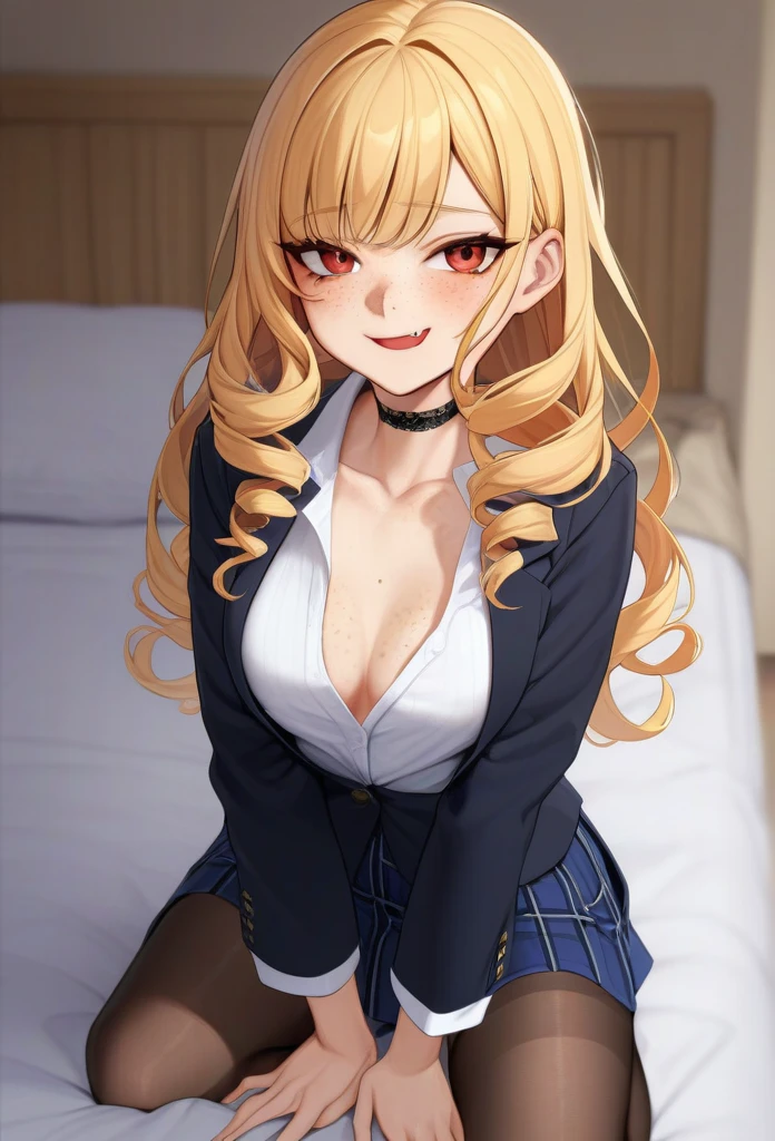 Cute young woman, white shirt, black blazer, blue skirt, black stockings, choker, long curly gold hair, freckles, fang, Red eyes, slim figure, thin legs, happy face, tilted her head, in bedroom, stay on knees, blush.