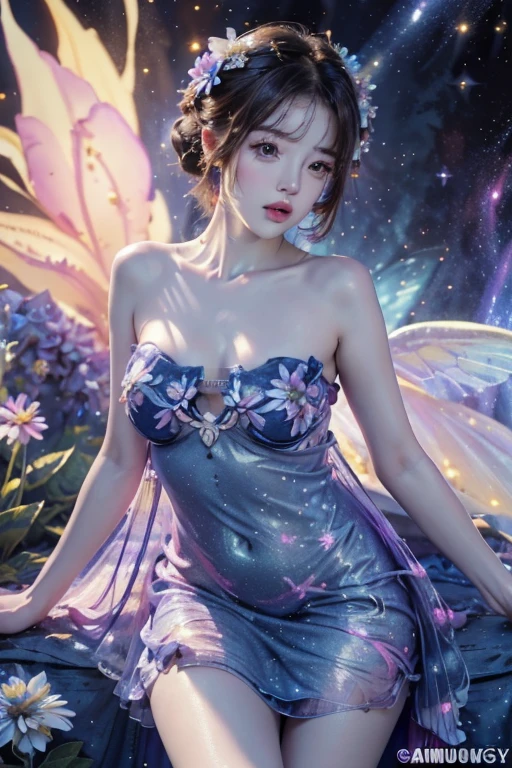 4K Ultra HD, Masterpiece, a young woman, good face, Detailed eyes, detailed lips, Flower Fairy, big wings, clear wings, neon light, (Galaxy Background:1.5), (Flower dress:1.8), (Indigo set:1.5), In heaven, sit,