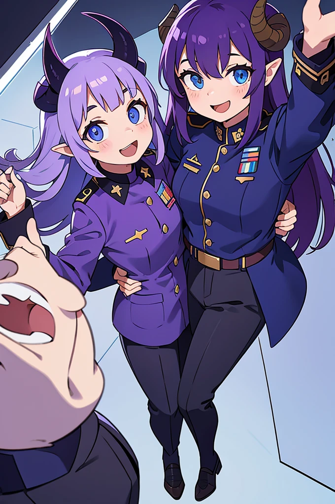 mouths, horns on the head, blue eyes, purple military uniform, closed military jacket, office pants with skirt, smiling