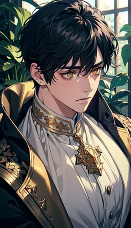 a boy with black hair and yellow eyes, soft light lighting, soft focus, close up, 1 boy, male, young people, plant, flowers, low screen contrast, high brightness, anime big breasts, impressionism, movie lighting, ultra high definition, masterpiece, high detail, earphone