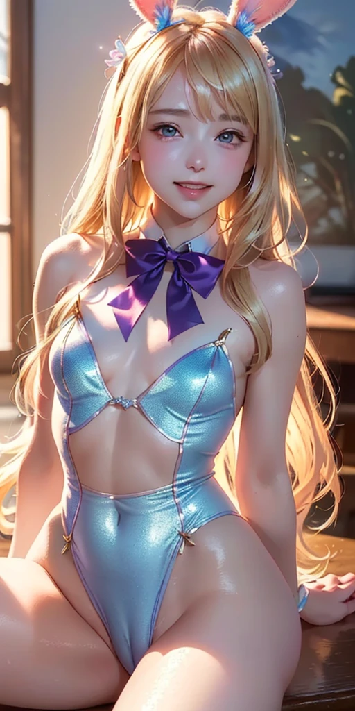 masterpiece, best quality, extremely detailed CG unity 8k wallpaper,((Upper Body)) ,((Upper Body head close-up shot of a beautiful  girl)), , Elegant Long straight blonde hair, (Mckenna Grace), ((flat chest,thighs,Autoluminescence skin)), (Purple-blue) golden (Transparent Glittering tutu,long Bunny Ear Headgear, , Bow-tie, No panties, genitals visible), ((spread legs)),(), (Blush), , (seductive smile), (dusk), pretty face, key art, award winning, intricate detail realism hdr, by (ruan jia and artgerm and range murata), Photorealism, Hyperrealism, ultra realistic, dramatic light, intense shadows, gorgeous view, depth of field