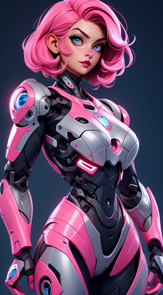 Grown-up girl, short pink hair, blue eyes, large breasts, red lipstick, amazing beautiful, perfect face, Grey Plug Suit, Cyborg, Masterpiece, hiquality, 4k, HD, Good detail