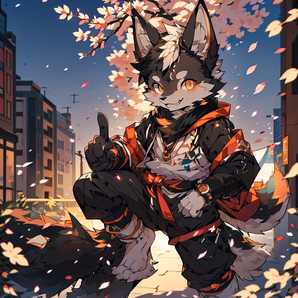 solo, male, balck wolf, (komono，furry, anthro), city, parkour, cherry blossom, dynamic lighting, twilight, glow, depth of field, top-quality，best qualityer，rzminjourney，vectorial art, , niji, round form， (humanoid wolf:1.2), Smiling warmly，Flashing friendly peace signs, detailed illustration