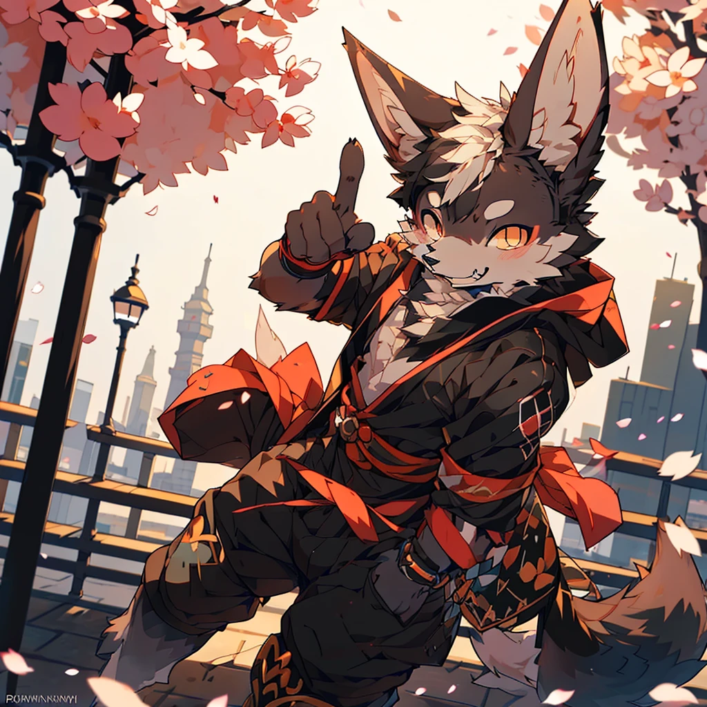 solo, male, balck wolf, (komono，furry, anthro), city, parkour, cherry blossom, dynamic lighting, twilight, glow, depth of field, top-quality，best qualityer，rzminjourney，vectorial art, , niji, round form， (humanoid wolf:1.2), Smiling warmly，Flashing friendly peace signs, detailed illustration