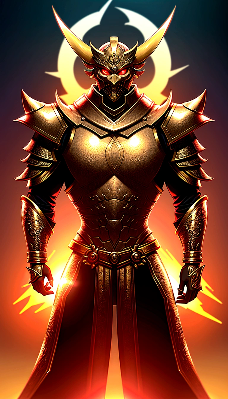 Warrior, Concept Art, author：Kisigank, Fantasy art, Battlefield Background, Clean Rendering, Angled, Put on your armor, Detailed bushido shaped smoke, The helmet of the forgotten god, the character is standing, 8k Real, In-game rendering, detailed face background detail, Art Station top page, Bull, Pseudo-medieval fantasy, A god wearing carp armor, 精巧なBronze armor, Bronze armor, Gold etched armor, Golden Obsidian Armor, Light gold armor, Ornate filigree armor, A demonic Warrior, Luxurious armor full of thorns, Exquisite Assassin Armor, Exquisite metal armor, powerful Warrior, Dressed in gorgeous golden armor，Decorated with intricate patterns, The helmet has a large crown and two horns.,Glowing red eyes， All is in the darkness, The smoky background suggests a battle scene., add a sinister air to his character，propose, Full Body Shot.
