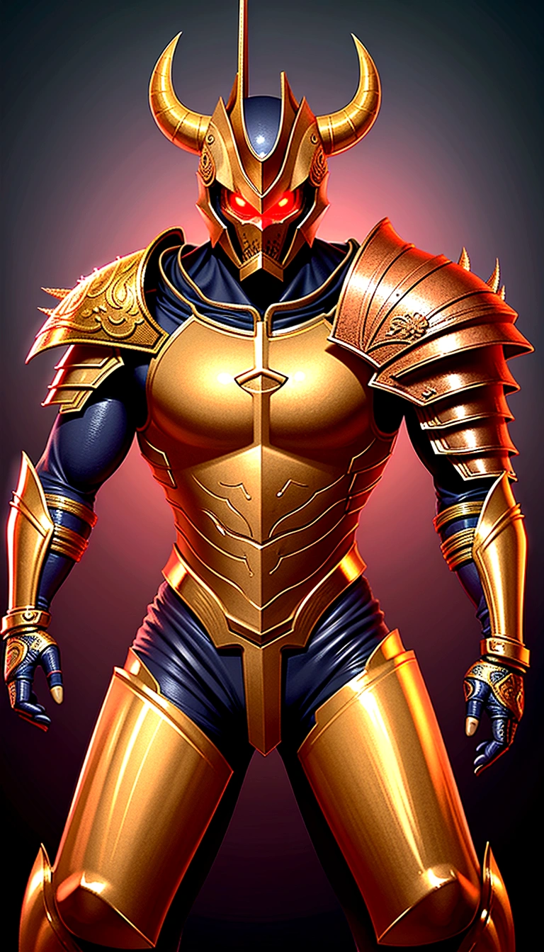 Warrior, Concept Art, author：Kisigank, Fantasy art, Battlefield Background, Clean Rendering, Angled, Put on your armor, Detailed bushido shaped smoke, The helmet of the forgotten god, the character is standing, 8k Real, In-game rendering, detailed face background detail, Art Station top page, Bull, Pseudo-medieval fantasy, A god wearing carp armor, 精巧なBronze armor, Bronze armor, Gold etched armor, Golden Obsidian Armor, Light gold armor, Ornate filigree armor, A demonic Warrior, Luxurious armor full of thorns, Exquisite Assassin Armor, Exquisite metal armor, powerful Warrior, Dressed in gorgeous golden armor，Decorated with intricate patterns, The helmet has a large crown and two horns.,Glowing red eyes， All is in the darkness, The smoky background suggests a battle scene., add a sinister air to his character，propose, Full Body Shot.