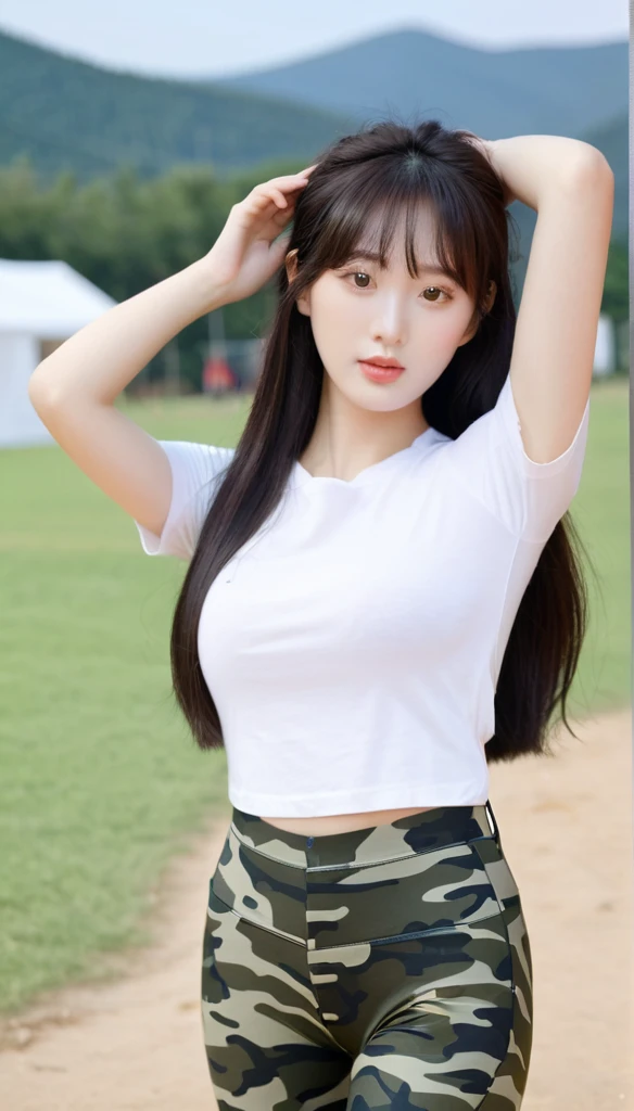 close-up of beautiful South Korean, Song Joo A is a South Korean digital creator and model, youthful face, perfect body, white body skin, sexy looking pose, very long hair, black hair, straight hair, flat bangs cut, 36 inches breasts size, wearing a tight plain white short-sleeved t-shirt, wearing a tight camouflage legging pants, at the military training camp, military training camp background, UHD