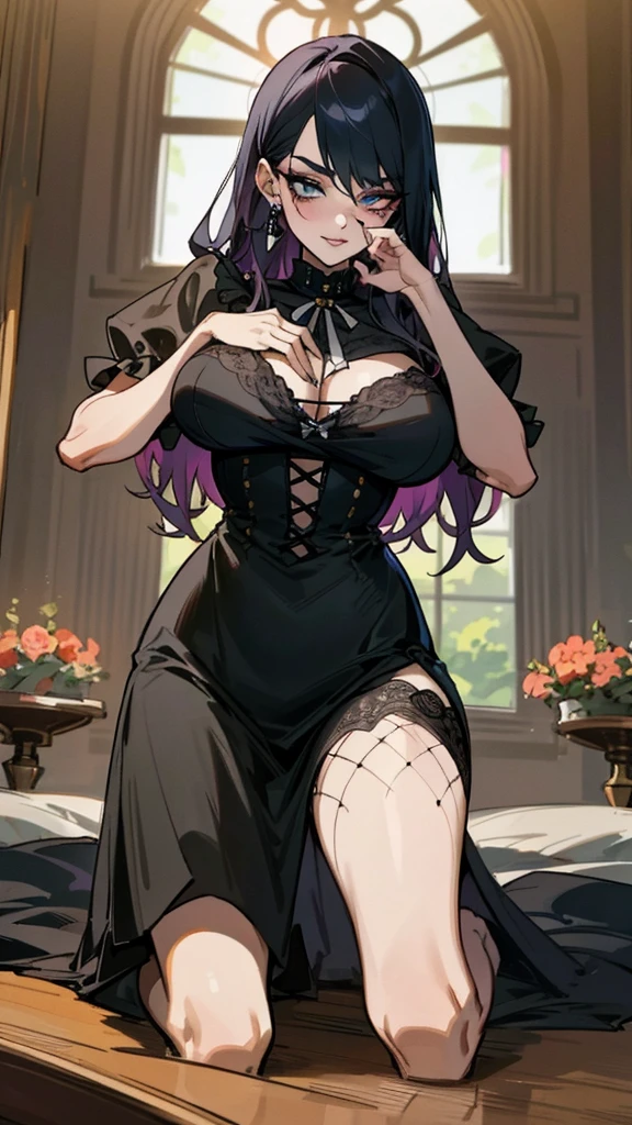 （best quality，masterpiece：1.2，detailed details，4k），((masterpiece)), ((best quality)), (ultra-detailed), anime style,large breast, slim, slender, ashamed,  ，Kneeling,Girl with modern gothic makeup, fair skin, long legs, black eyeshadow, camisole, plump figure, earrings and lip studs, fishnet stockings, posing in an attractive pose, lovable expression
