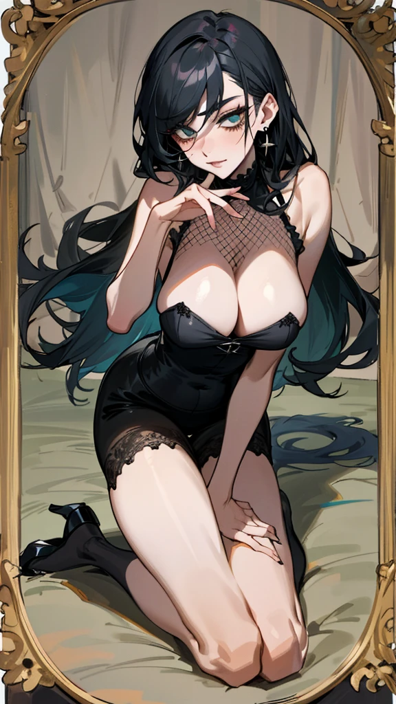(best quality,masterpiece:1.2,detailed details,4k),((masterpiece)), ((best quality)), (ultra-detailed), anime style,large breast, slim, slender, ashamed, all fours ,Kneeling,Girl with modern gothic makeup, fair skin, long legs, black eyeshadow, camisole, plump figure, earrings and lip studs, fishnet stockings, posing in an attractive pose, lovable expression